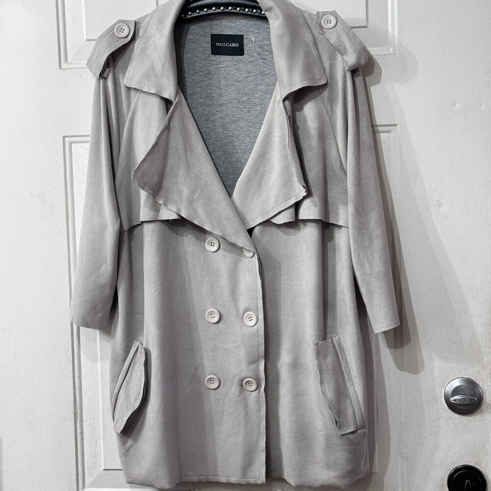 Dolce Cabo Womens Sz L Double-Breasted Faux Suede Gray Jacket Trench Pockets